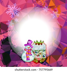 Holiday square christmas card with funny snowman and winter village landscape on a colorful mosaic background. Copy space. Can be used as a greeting ecard for social networks. Vector clip art.