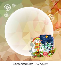 Holiday square christmas card with funny snowman and winter village landscape on a colorful mosaic background. Copy space. Can be used as a greeting ecard for social networks. Vector clip art.