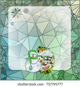 Holiday square christmas card with funny snowman and winter village landscape on a colorful mosaic background. Copy space. Can be used as a greeting ecard for social networks. Vector clip art.