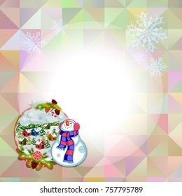 Holiday square christmas card with funny snowman and winter village landscape on a colorful mosaic background. Copy space. Can be used as a greeting ecard for social networks. Vector clip art.