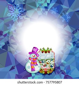 Holiday square christmas card with funny snowman and winter village landscape on a colorful mosaic background. Copy space. Can be used as a greeting ecard for social networks. Vector clip art.