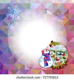 Holiday square christmas card with funny snowman and winter village landscape on a colorful mosaic background. Copy space. Can be used as a greeting ecard for social networks. Vector clip art.