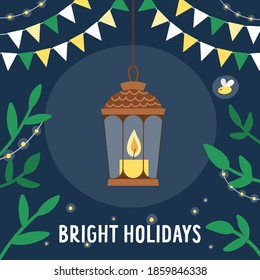 Holiday square greeting card template with cute lantern, garlands and green twigs. Christmas poster or festive party invitation with flags. Bright illustration with night lights.
