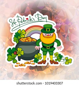 Holiday square label with shamrock,  leprechaun and a pot of gold on a mosaic background. St. Patrick Day background.Vector clip art.