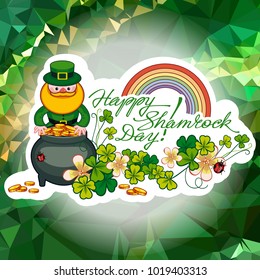 Holiday square label with shamrock,  leprechaun and a pot of gold on a mosaic background. St. Patrick Day background.Vector clip art.
