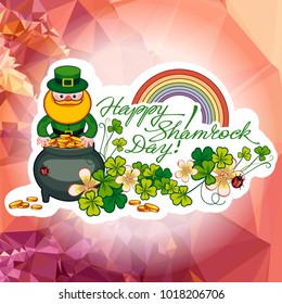 Holiday square label with shamrock, rainbow, leprechaun and a pot of gold on a mosaic background. St. Patrick Day background.Vector clip art.