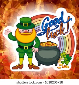 Holiday square label with shamrock, rainbow, leprechaun and a pot of gold on a mosaic background. St. Patrick Day background.Vector clip art.