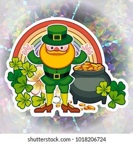 Holiday square label with shamrock, rainbow, leprechaun and a pot of gold on a mosaic background. St. Patrick Day background.Vector clip art.