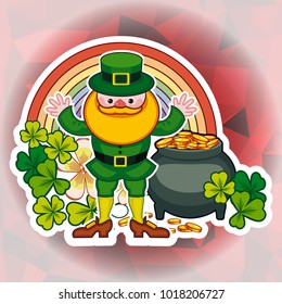 Holiday square label with shamrock, rainbow, leprechaun and a pot of gold on a mosaic background. St. Patrick Day background.Vector clip art.