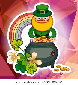 Holiday square label with shamrock, rainbow, leprechaun and a pot of gold on a mosaic background. St. Patrick Day background.Vector clip art.