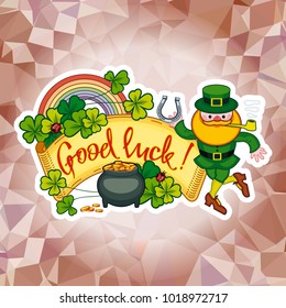 Holiday square label with shamrock, rainbow, leprechaun and a pot of gold on a mosaic background. St. Patrick Day background.Vector clip art.