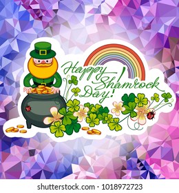 Holiday square label with shamrock, rainbow, leprechaun and a pot of gold on a mosaic background. St. Patrick Day background.Vector clip art.