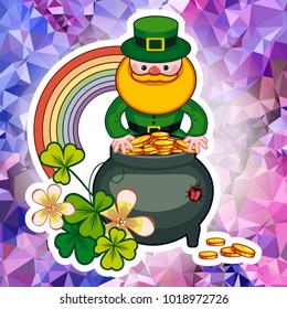 Holiday square label with shamrock, rainbow, leprechaun and a pot of gold on a mosaic background. St. Patrick Day background.Vector clip art.