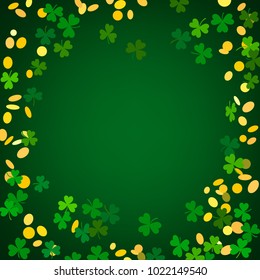 Holiday St Patricks Day background with  place for text.  Shamrock clover leaves and falling gold coins on dark green backdrop. Isolated vector illustration.