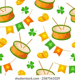 Holiday St. Patrick's day seamless pattern with decorative garlands, drums with sticks, golden coins, lucky clover plants isolated on white background.