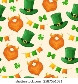 Holiday St. Patrick's day seamless pattern with leprechaun hats, decorative flags garland, green bows, lucky clover, red beard isolated on light yellow background.