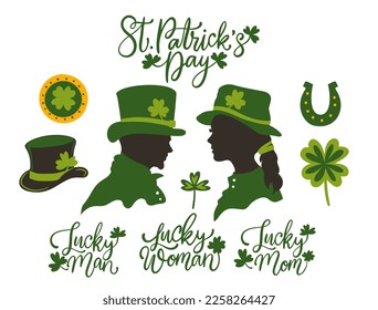 Holiday st Patricks day set. Lucky man and woman, hat, coin and shamrock luck symbol March decoration
