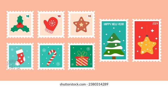 Holiday stamp collection. Happy New Year and Christmas. Hand drawn holiday elements, stocking, candy, cookie, pine, gift.. Vector stickers illustration.