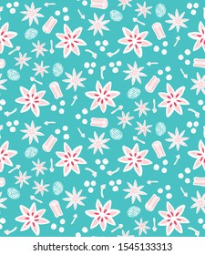 Holiday star anise and other spices seamless vector repeat pattern background with star anise, cinnamon, nutmeg allspice and clove on turquoise background for fabric, giftwrap or backgrounds.