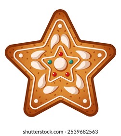 Holiday star gingerbread with cream pattern flat color vector object. Christmas biscuit for children treating illustration on white background