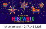 Holiday star, lama and heart pinatas on national Hispanic heritage month, vector banner. Latin America traditional Hispanic heritage month of handicraft art, culture and traditions with Mexican pinata