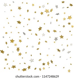 Holiday starry background. Gold stars. Confetti celebration, Falling golden abstract decoration for party, birthday celebrate, anniversary or event, festive. Festival decor. Vector illustration.