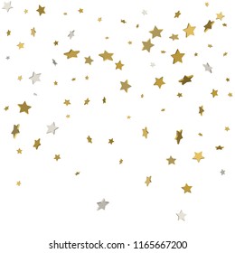 Holiday starry background. Gold stars. Confetti celebration, Falling golden abstract decoration for party, birthday celebrate, anniversary or event, festive. Festival decor. Vector illustration.