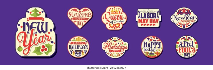 Holiday Sticker and Label with Inscription Vector Set