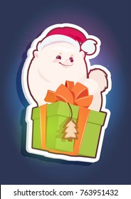Holiday Sticker Pomerian Dog In Santa Hat Sitting On Present Box New Year Concept Flat Vector Illustration