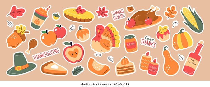 Conjunto de pegatinas de Festiva de feliz día de acción de gracias. Vector doodle Elementos de otoño con pavo asado, hojas de otoño, mazorca de maíz, bellotas, calabaza, sombrero de peregrino, tarta, vino y velas. Iconos del festival de la cosecha.