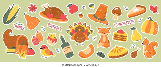 Holiday sticker set of thanksgiving day. Vector doodle autumn elements with roast turkey, fall leaves, cornucopia, vegetables, animals, pumpkin, pilgrim hat, pie, wine, candles. Harvest festival icons