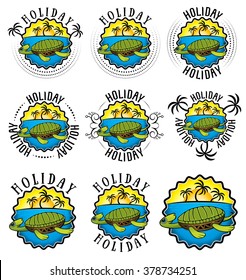 holiday sticker with swimming turtle sun beach and palms vector illustration
