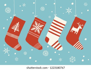 Holiday stockings.Christmas stockings vector set isolated from background. Various traditional colorful and ornate holiday stockings or socks collection. Cartoon New Year design illustrations