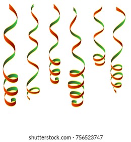holiday streamers vector. Red and green serpentine with gold lines, New Year party elements. Christmas golden curly ribbons, Birthday celebration set of isolated decoration