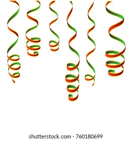 holiday streamers vector. Red and green serpentine with gold lines, New Year party elements. Christmas golden curly ribbons, Birthday celebration set of isolated decoration