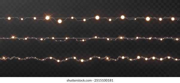 Festiva cadena de luces Vector aislado sobre fondo oscuro. Luces de fiesta del año Nuevo, decoraciones realistas de vacaciones.