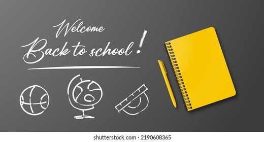 Holiday for students. Back to school. Vector banner concept with notebook and pen on black background. Place for text. Education poster. Small handwritten text back to school.
