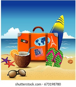 Holiday suitcase with sticker, flip-flops, summer cocktail in coconut, sunglasses at beach