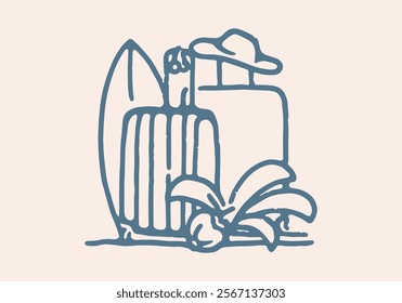 Holiday suitcase with surfboard and coconut