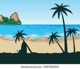 Holiday summer beach cartoon illustration on a sunny day. Deck chair, beach umbrella, surfboard and volleyball on sand beach.