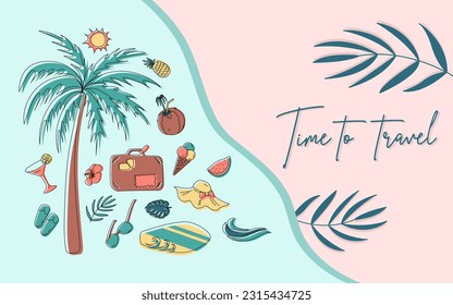 Holiday summer letters with side border. Card with cartoon outline and flat background objects. Palmtree, leaves, sun glasses, coconut, ananas, hat, surf board, sun, ice cream, slippers. 