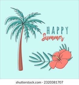 Cartas de verano de vacaciones con elementos tropicales de verano. Dibujo del contorno de dibujos animados y objetos de fondo planos. Palmeras, hojas, flujo de hibiscos y letras del verano feliz 
