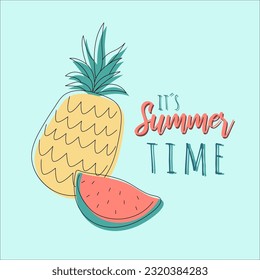 Holiday summer letters with tropical summer elements. Cartoon outline drawing and flat background objects. Ananas, watermelon and It´ s summer time.