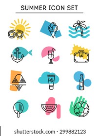 Holiday and Summer outline icons in thin line style. Summer icon on white background. Beach vacation. Abstract sun, melon, bikini, palm tree