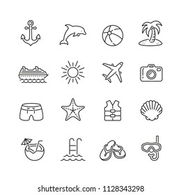 Holiday and summer related icons: thin vector icon set, black and white kit