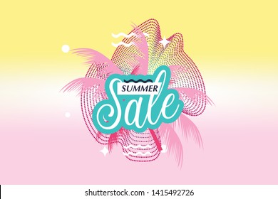 Holiday of summer season with coconut leaves and geometric shapes. Vector illustration