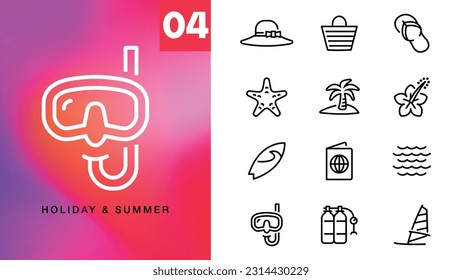 conjunto de iconos de trazo de verano de vacaciones conjunto de iconos