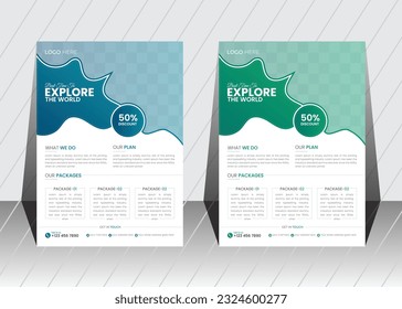 Holiday Summer travel and tourism flyer template for poster design Tour and Travel flyer. Flyer design for Tour and Travel Business concept. travel the world flyer with unique shape.