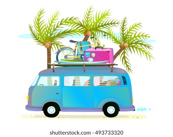 Holiday summer trip bus for beach tropical vacation with luggage. Touristic summer holidays cartoon bus illustration traveling. Tropical vacations driving bus with palm trees. Vector illustration.