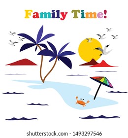 Holiday in Summer Vector with sand, sea, and bird view. There is also palm tree and mountains with sun